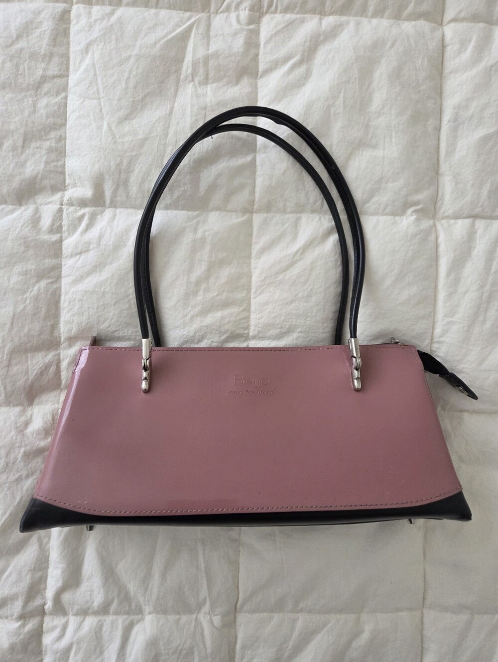 Vintage Beijo Pink and Black Patent Baguette Shoulder Purse Y2K Two Tone